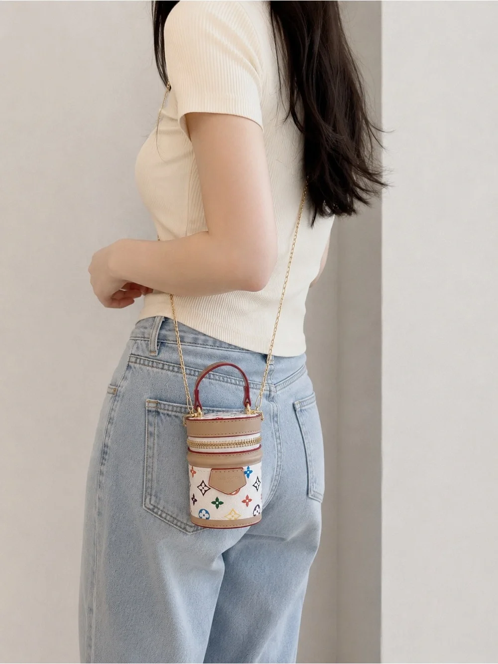 Mini White Multicolor Bucket Bag Charm Crossbody Coin Purse Card Holder